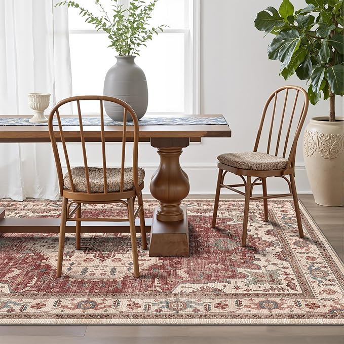LUMI 8x12 Washable Area Rug for Living Room, Ultra Soft Traditional Vintage Red Rugs Non Slip with Rubber Backing, Low Profile, High Traffic, Stain Resistant Carpets, Ideal for Bedroom, Dining Room