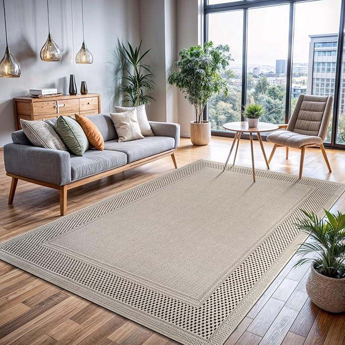 CAMILSON Easy Jute Rug 5x7, Indoor Outdoor Off-White Color Fiber Area Rugs for Living Room Patio and Kitchen Rug Bordered Boho Woven Design, Easy-Cleaning, Washable Outside Carpet (5 x 7)