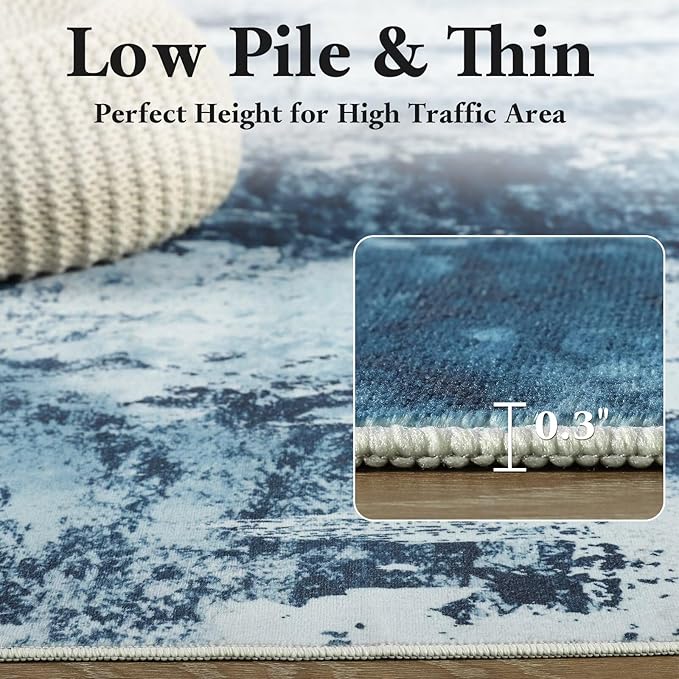 Washable Abstract Rug, 5x8 Modern Area Rugs with Non-Slip Rubber Backed for Living Room, Thin but Soft Contemporary Carpet Kitchen Bedroom Dining Room Decor, Blue White