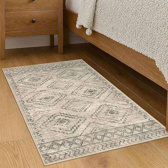 KILOCOCO Boho Entryway Rug 2x3 Printed Small Area Rug Indoor Door Mat Machine Washable Kitchen Rugs Super Soft Non Slip Throw Rugs for Entrance Geometric Laundry Room, Beige/Gray/Green