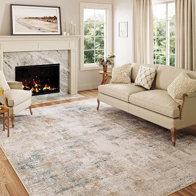 6x9 Washable Area Rug Beige Blue Abstract Living Room Bedroom Throw Rug Neutral Modern Non Slip Soft Low Pile Indoor Carpet for Dining Room Kitchen Office