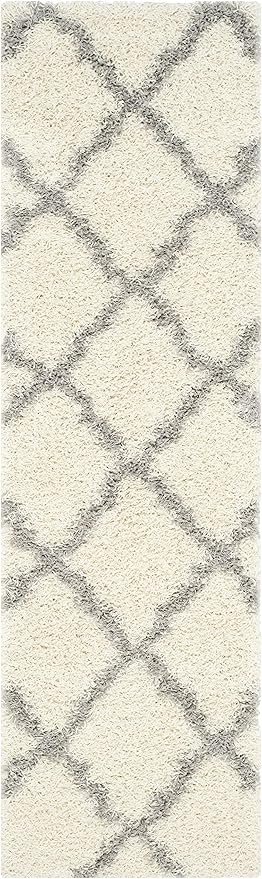 SAFAVIEH Dallas Shag Collection Runner Rug - 2'3" x 16', Ivory & Grey, Trellis Design, Non-Shedding & Easy Care, 1.5-inch Thick Ideal for High Traffic Areas in Living Room, Bedroom (SGD257F)
