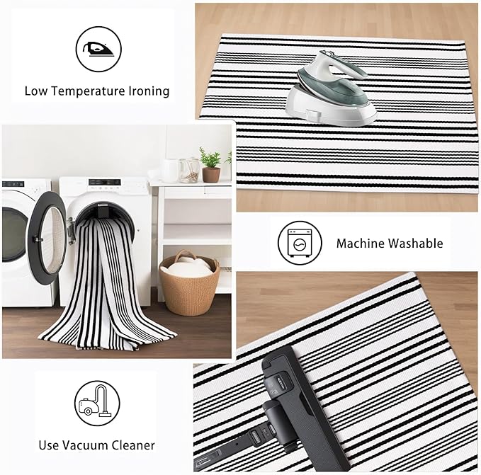 Outdoor Front Door Mat 3'x5', Black and White Cotton Hand Woven Striped Rug,Reversible Washable Front Porch Rug, Foldable Layered Doormat for Entryway/Home Entrance/Farmhouse