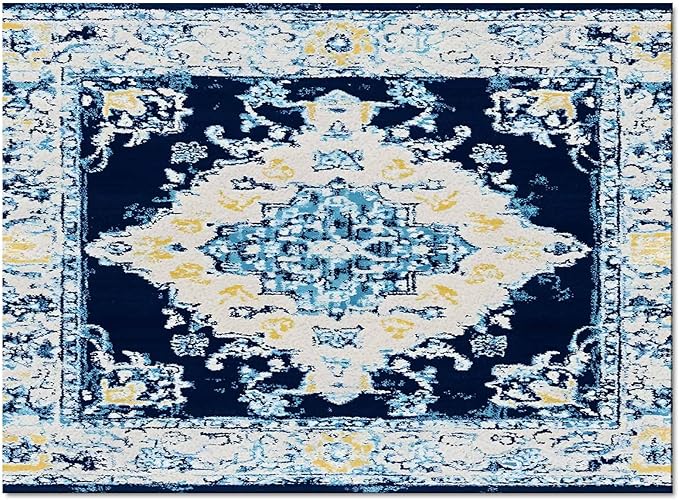 Bohemian Pattern Rectangular Area Rugs for Living Room Bedroom 5 x 6.9 ft Blue & Yellow Abstract Non-Shedding Soft Low Pile Rug Non Slip Washable Rug for Nursery Entryway Playroom