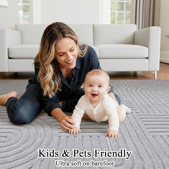 SHACOS Soft Cozy Fluffy Arch Pattern High Low Pile Rugs 3'x5' Non Slip Washable Scandinavian Minimalist Rug Modern Geometric Arc Carpet for Living Room Bedroom Dining Room, Light Grey