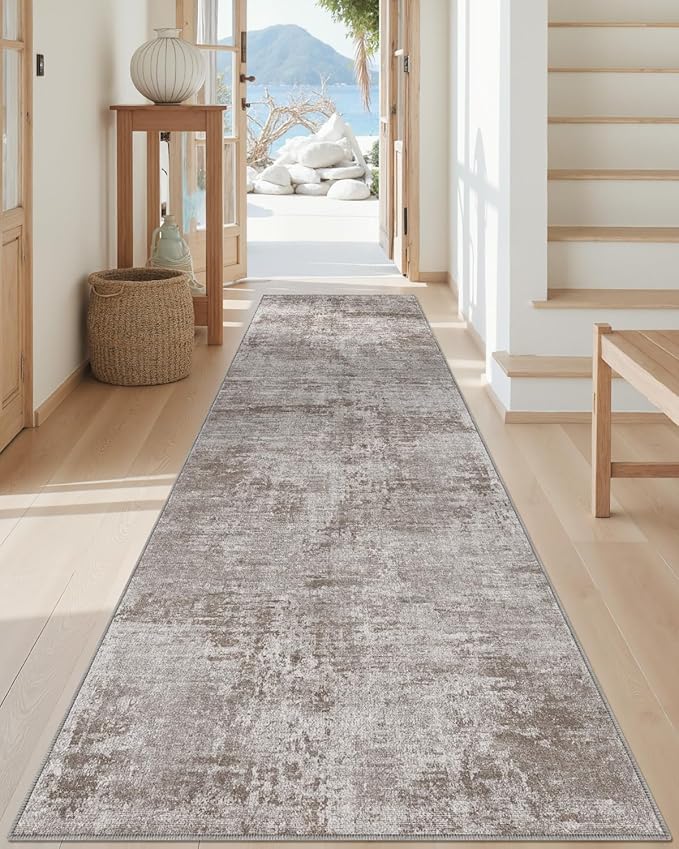 DEXI Hallway Runner Rug 3x12, Modern Abstract Non Slip Thin Soft Runners Carpet, Stain Resistant Washable Indoor Rug for Hallway Entryway Kitchen Laundry Room Living Room, Red Brown