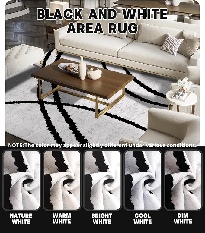 YIHOUSE Modern Area Rugs 6x9, Washable Black and White Rug, Thin Abstract Geometric Minimalist Striped Rug, Black Rugs for Living Room,Bedroom,Kitchen,Dining Room,Office