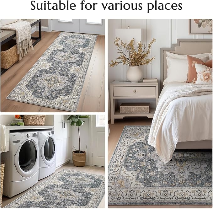 jinchan Runner Rug 3x10 Vintage Hallway Runner Boho Washable Rug Floral Medallion Retro Non Slip Classic Thin Soft Carpet for Kitchen Bedroom Bathroom Laundry Room Doorway Grey