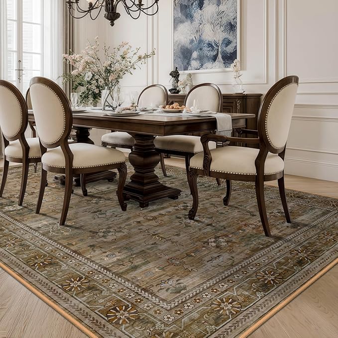 5x7 Washable Area Rug for Living Room Dining Room, Distressed Non Slip Vintage Floral Rugs for Bedroom, Traditional Indoor Floor Carpet for Dining Kitchen Farmhouse Brown with Green