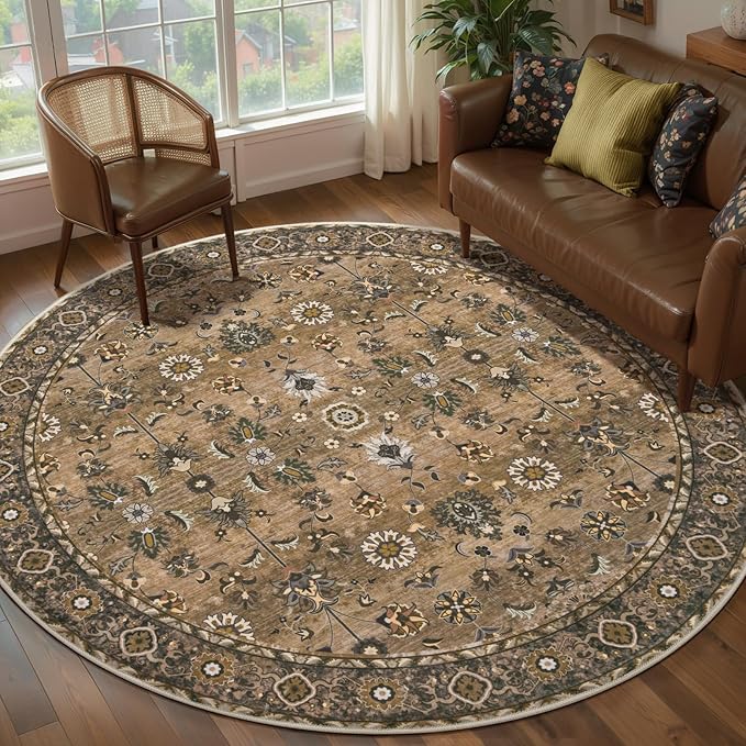 Tangsoo Vintage Round Rug 6ft,Washable Circle Rug, Non Slip Boho Round Area Rug,Low Pile Circular Rugs,Large Round Rugs Carpet for Livingroom,Bedroom,Nursery,Dorm,Office,Brown