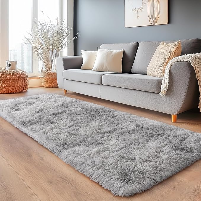 Ultra Soft Fluffy Rugs for Bedroom, Anti-Skid Indoor Carpet Nursery Rugs for Kids Room Home Decor, Rectangular Fuzzy Rug Tie-Dyed Light Grey 2x6Feet