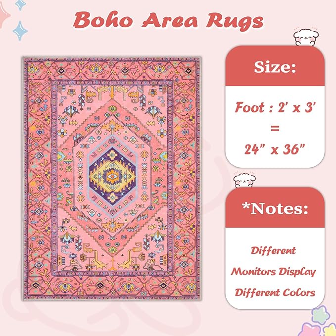 SERISSA Small Rugs for Entryway, 2x3 Fuchsia Pink Washable Non-Slip Area Rug Cute Boho Aesthetic Rug, Soft Low-Pile Indoor Door Mat Throw Carpet for Entrance Kitchen Bedroom Teen Girl Kids Room