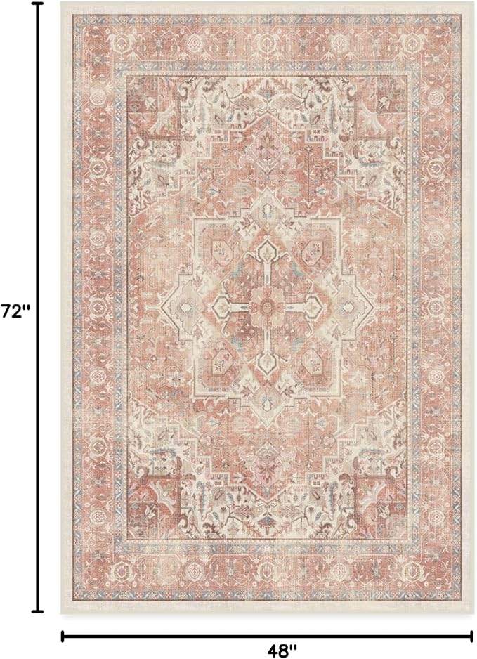 RUGGABLE Washable Area Rug – Kamran Rose Pink 4x6, Stain-Resistant, Non-Slip – Medium Machine Washable Rugs for Living Room, Bedroom, Hallway, Entryway & Office–with Standard Pad