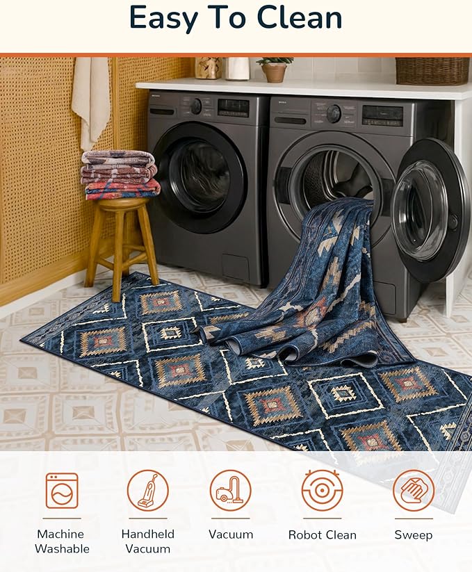 Area Rug 2x3 Rug Machine Washable Non-Slip Low Pile Print Pattern Western Rug for Living Room Bedroom Entryway Tribal Series -Darkblue