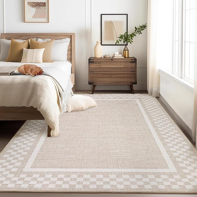 GarveeHome Washable Area Rug 4x6 Small Living Room Rugs Modern Bordered Soft Dining Room Throw Carpet Low Pile Non Slip Checkered Bedroom Rug Geometric Carpet for Nursery Kitchen Home Office, Beige