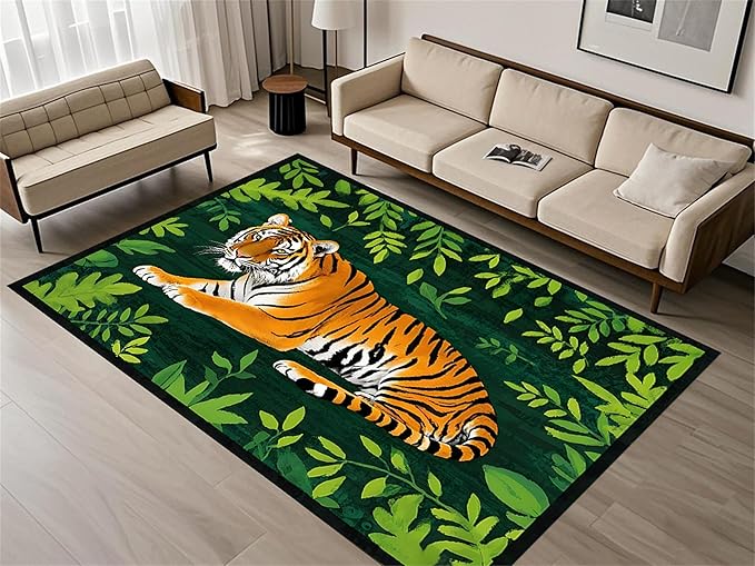 Tiger Rugs，3x4ft,Tiger and Green Leaf Print Rug for Living Room，A Colorful and Artistic Tiger Rug, Perfect for A Children's Play Area，Machine Washable Non-Slip Carpet Suitable for Bedroom and Study