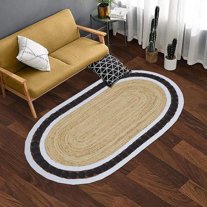Flatweave Runner 2x6 Oval Kilim Jute Runner Hand Braided Jute Thick 0.27" Solid Pattern Black Beige Natural Oval Handmade Boho Indoor Outdoor Rugs for Kitchen Enterway