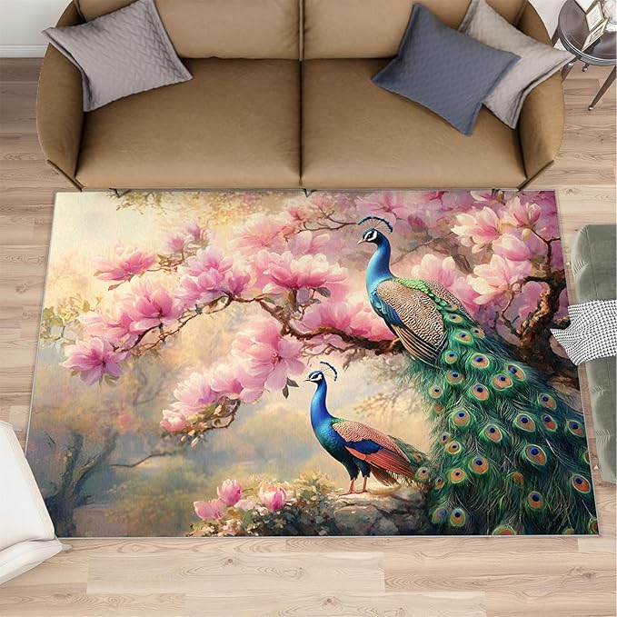 Peacock Magnolia Rug Small - 3x5 Rug, Pink Magnolia Washable Rugs for Living Room, Classic Carpet, Peafowl Non-Slip Area Rugs for Bedroom, Aesthetics Carpet - Peafowl Home Decor & Gifts