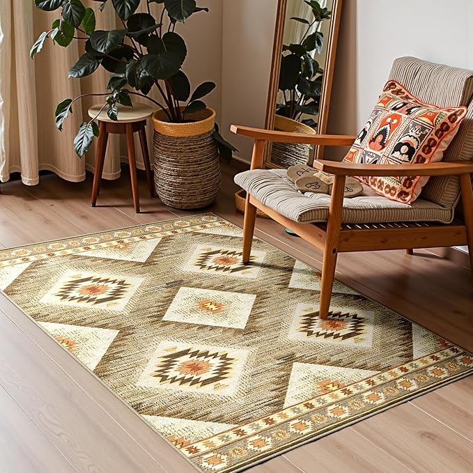 Area Rug 4x4 Rug Machine Washable Non-Slip Low Pile Print Pattern Western Rug for Living Room Bedroom Entryway Tribal Series -Cream/Camel