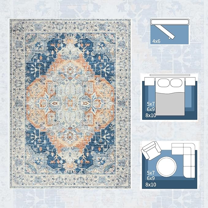 Area Rugs 5x7, Low Pile Washable Rugs, Soft Vintage Distressed Rugs for Bedroom, Living Room, Dining Room, Water Repellent, Non Shedding, Blue and Orange