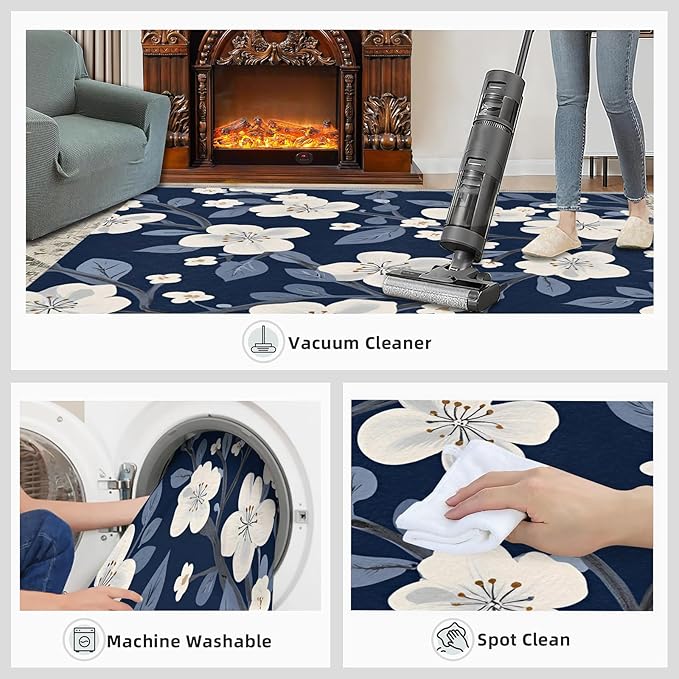 Boho Rugs for Bedroom - 5x7 Area Rug - Blue White Flowers Rugs for Living Room, Vintage Modern Flowers Rug, Washable Home Decor Carpet