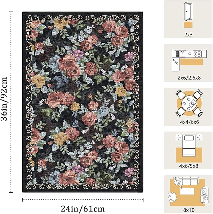 2x3 Machine Washable Area Rug for Entryway, Black Vintage Boho Floral Rug Non-Slip Low Pile Soft Faux Wool Small Carpet, Kids and Pets Friendly for Bedroom Kitchen Hallway Bedside Home Decor Rug