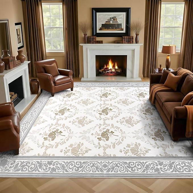 SOULFUL Medium Pile 8x10 Rugs for Living Room - Soft Underfoot Large Area Rug - Light Taupe Boho Floral - Washable Non-Slip - Perfect for Bedroom Kids Room Under Dining Table Office