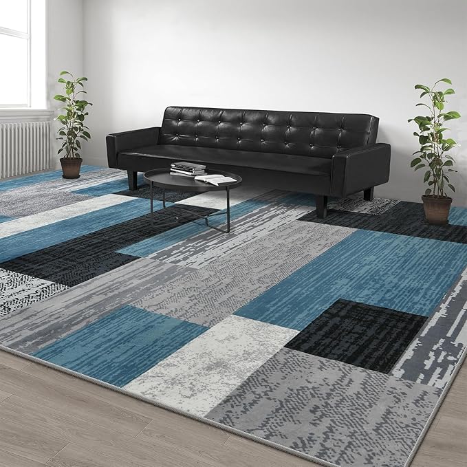 Large Area Rugs,Modern Geometric Patchwork Floor Decor for Bedroom Aesthetic Carpet, Rockwood Collection, Indoor Rugs for Living Room, Dining Room, Nursery, Office, Machine Washable Rug,9x12 Ft Blue