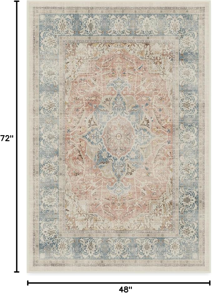 RUGGABLE Washable Vintage Area Rug – Sarrah Coral 4x6, Stain-Resistant, Non-Slip – Medium Machine Washable Rugs for Living Room, Bedroom, Hallway, Entryway & Office–with Standard Pad