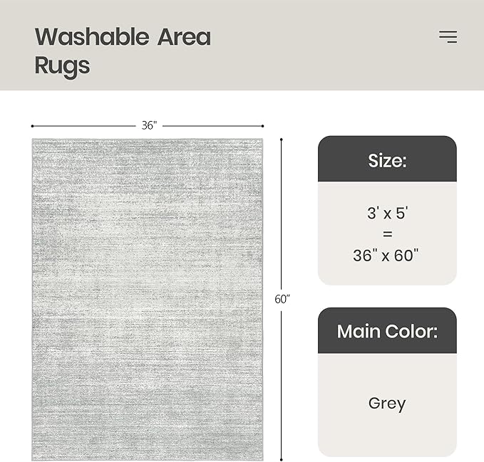 Valenrug Washable Rugs 3x5 - Stain Resistant 3x5 Area Rugs for Living Room, Non Slip Backing Printed Rugs for Bedroom, Folable Machine Washable Area Rug(3'x5', Grey)