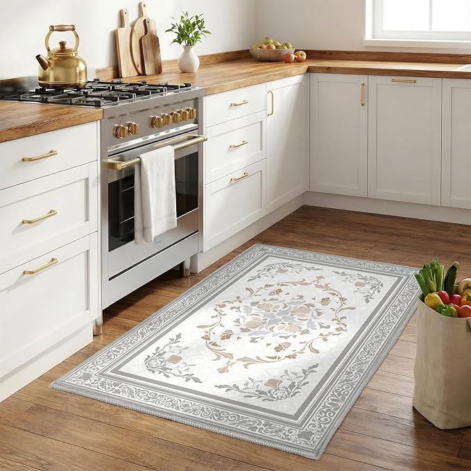 SOULFUL Medium Pile 2x3 Entryway Rug - Cozy Soft Underfoot Small Area Rug - Light Taupe Boho Floral - Washable Non-Slip - Perfect for Hallway Kitchen Bedroom Bathroom Indoor Entrance