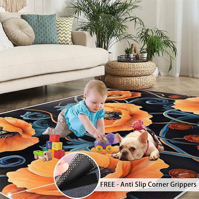 4x5 Poppy Indoor Outdoor Rug - Retro Florals Art Bedside Rug, Rustic Flowers Art Washable Entry Way Rugs Kids Carpet for Inside House Playroom Living Room End Table Nursery