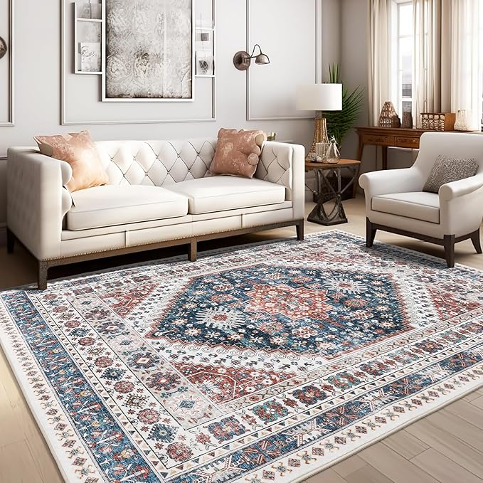 zesthome 5x7 Area Rugs - Ultra-Thin Washble Rug, Stain Resistant Anti Slip Backing Rugs for Living Room,Bedroom, Vintage Home Decor Area Rug (Navy Blue/Red,5'x7')