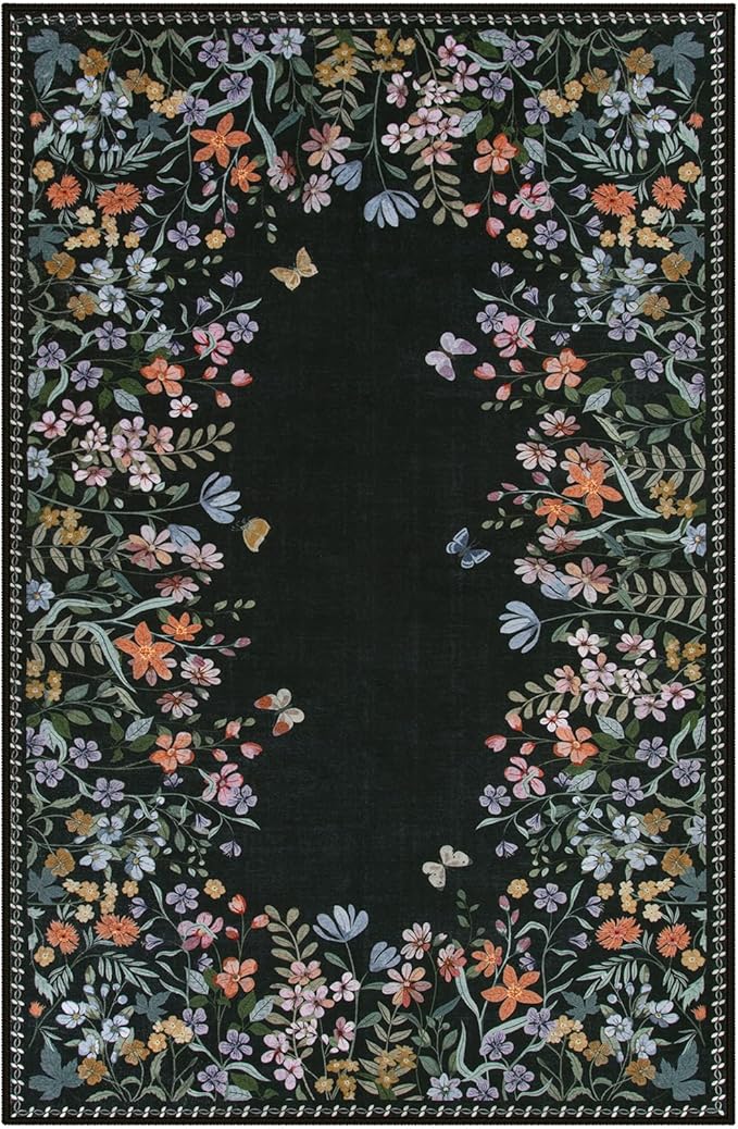 Wonnitar Washable 6x9 Area Rugs, Floral Print Large Living Room Rug, Non-Slip Soft Black Rugs for Bedroom, Ultra-Thin Vintage Botanical Rugs Carpet for Dining Room Guest Room (Black,6'x9')