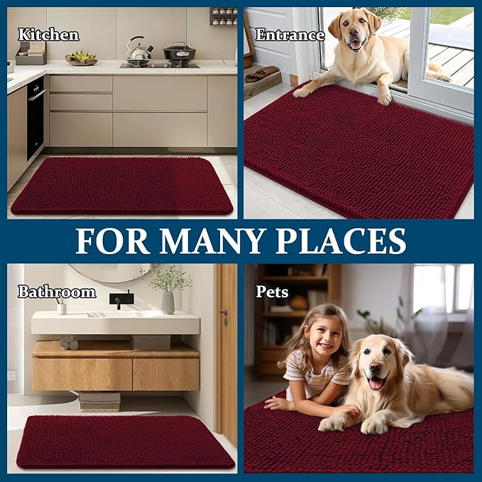 OLANLY Dog Door Mat for Muddy Paws 70x46, Absorbs Moisture and Dirt, Absorbent Non-Slip Washable Doormat, Quick Dry Chenille Mud Mat for Dogs, Entry Indoor Entryway Carpet for Inside Floor, Burgundy