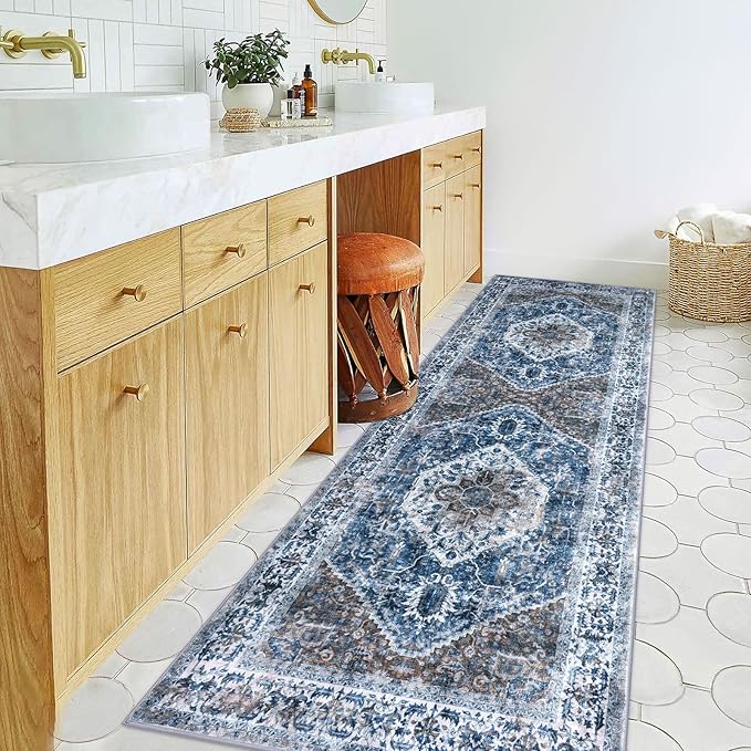 KOZYFLY Runners for Hallways 2.6x8 Ft Washable Kitchen Runner Rug Boho Runner Rug for Entryway Indoor Blue Printed Oriental Faux Wool Floor Carpet Runner for Bedroom Kitchen Hall
