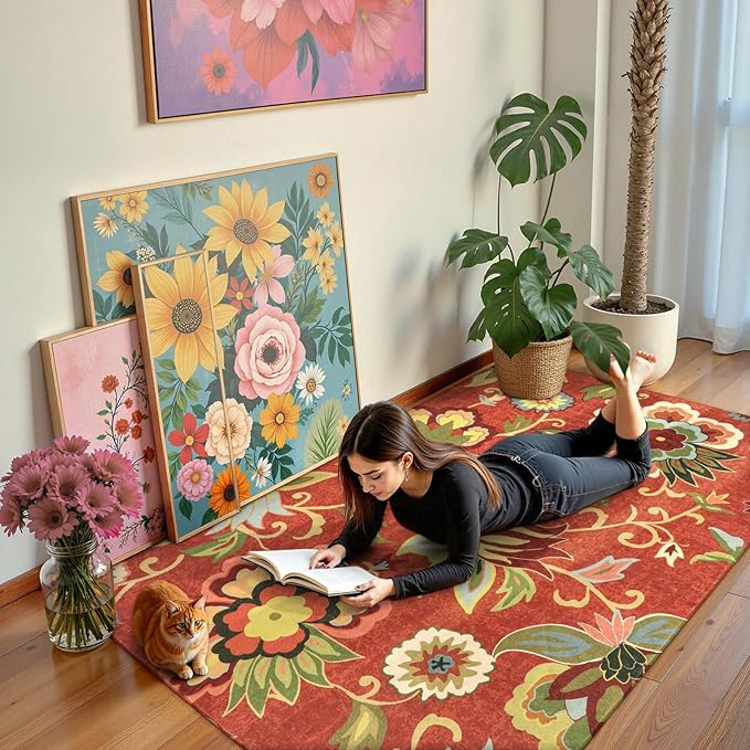 Lahome Floral Red 3x5 Area Rug, Washable Kitchen Fall Rugs Non-Slip ‎Stain Resistant Soft Throw Low-Pile Carpet for Bedroom, Christmas Paisley Print Floor Carpet for Living Room Entryway Office
