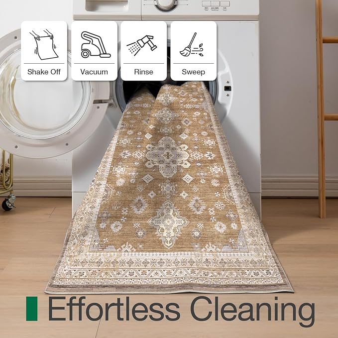 LUMI Indoor Thin Door Mat, 18x30 Washable Small Inside Doormat, Non Slip Low Pile Oriental Floor Carpet, Vintage Distressed Area Rug for Front Door,Entrance,Bedroom, Amber