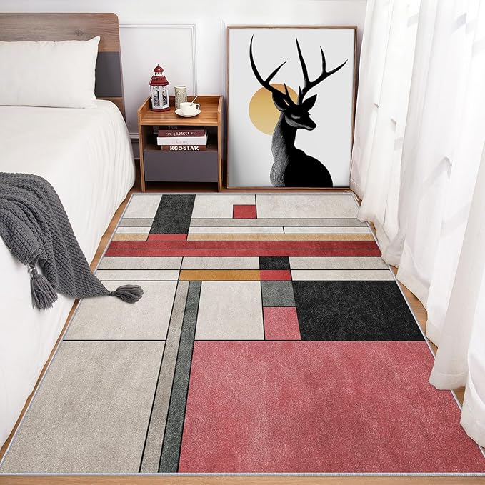 2x3 Abstract Geometric Throw Rugs for Entryway, Washable Black White Red Pattern Indoor Door Mat, Bedroom Kitchen Entrance, Non Slip Soft Thin, Minimalist Modern Decor Small Area Rug PF-P 49