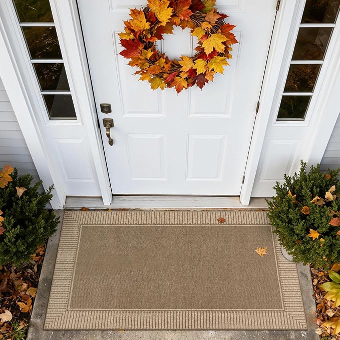 Moynesa Brown Striped Border Easy Jute Indoor Outdoor Entryway Rug 3x5, Washable Patio Rug Non Slip with Rubber Backing, Farmhouse Modern Carpet for Balcony Backyard Bedroom Living Room Dining Room