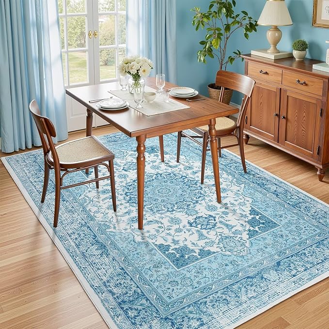 5x7 Area Rug for Bedroom, Machine Washable Rugs with Non-Slip Backing for Living Room, Soft Vintage Carpet Kitchen Laundry Kids Room Decor, Celestial Blue