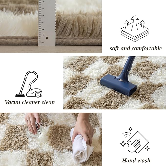 5x7 Area Rugs for Living Room Bedroom, Soft Fluffy Shaggy Bedside Rug, Indoor Floor Carpet for Kids Playroom, Dorms, Nursery Rooms, Home Decor (Camel & White 5'x7')