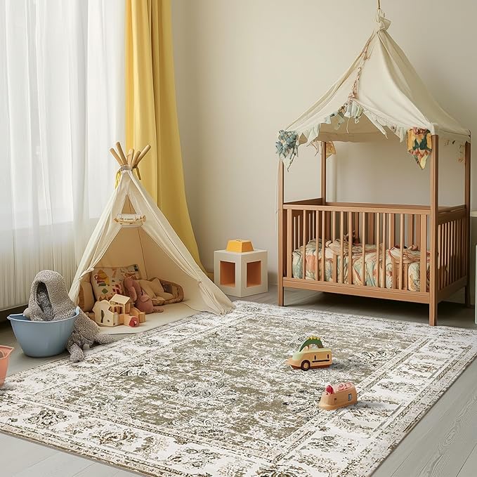 jinchan Fiora Washable Area Rug 5x7 Ultra-Thin Low Pile Non Slip Stain Resistant Soft Faux Wool Floral Distressed Vintage Carpet for Bedroom, Living Room, Dining Room, Kitchen, Nursery(Taupe, 5' x 7')