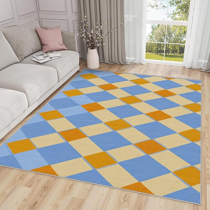 Checkerboard Rugs for Living Room - 5x6ft - Retro Geometric Rug for Bedroom Non Slip Low Pile Machine Washable Area Rugs, Checkerboard Carpets House Decor & Gifts