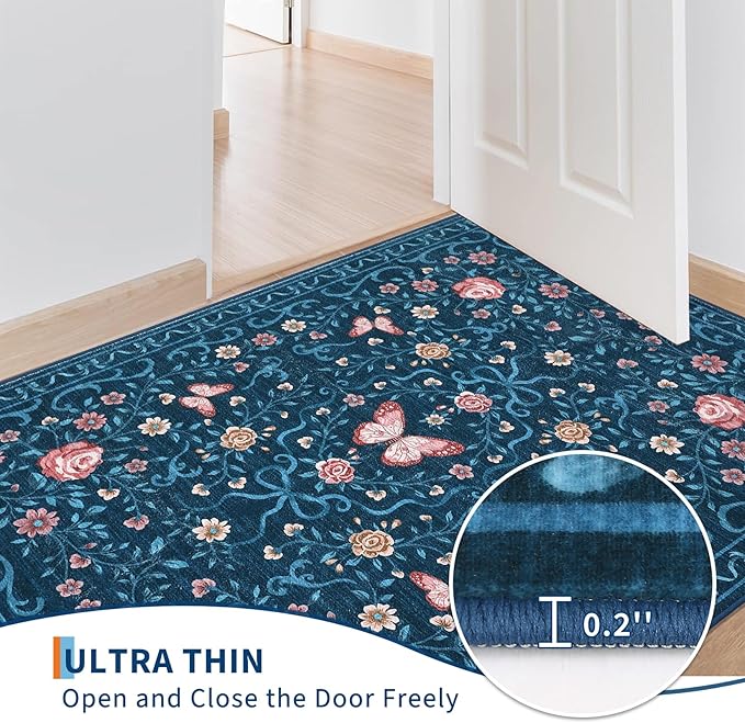 GarveeHome 8x10 Area Rugs for Living Room Washable Rugs Non Slip Stain Resistant Bedroom Floral Rugs Low Pile Soft Dining Room Throw Carpet Blue Bow Large Carpet for Home Office Decor, 8x10