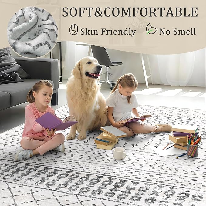 6x9 Machine Washable Area Rug for Living Room, Grey White Vintage Moroccan Rug Large Non-Slip Low Pile Soft Faux Wool Carpet, Kids and Pets Friendly for Bedroom Dining Room Farmhouse Home Decor Rug
