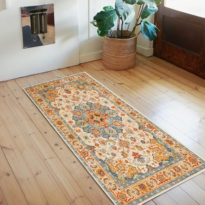 COMSLE Boho Distressed Area Rug 2' x 4', Machine Washable Faux Wool Non-Slip Small Rug for Entryway, Bedroom, Kitchen - Indoor Floor Carpet