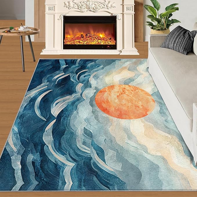 Boho Sun Area Rugs 6x8ft, Mosaic Sunburst Living Room Area Rug, Abstraction Deco Play Rug with Carpet Tape Double Sided for Bedroom Office Home Decor