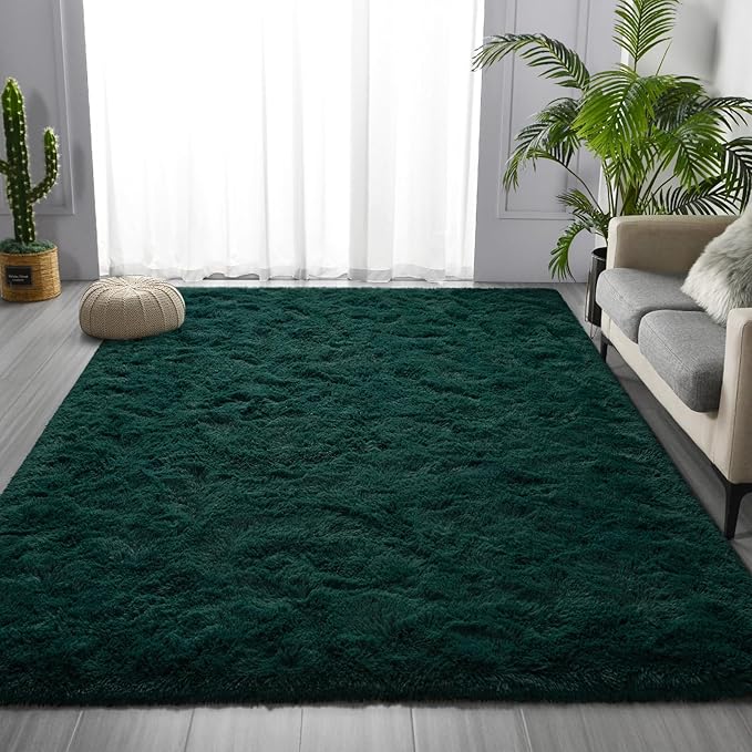 Large Shag Area Rugs 6 x 9, Plush Fuzzy Rugs for Living Room, Ultra Soft Fluffy Furry Rug for Bedroom, Indoor Carpet Nursery Rugs for Kids Room Home Decor, Dark Green
