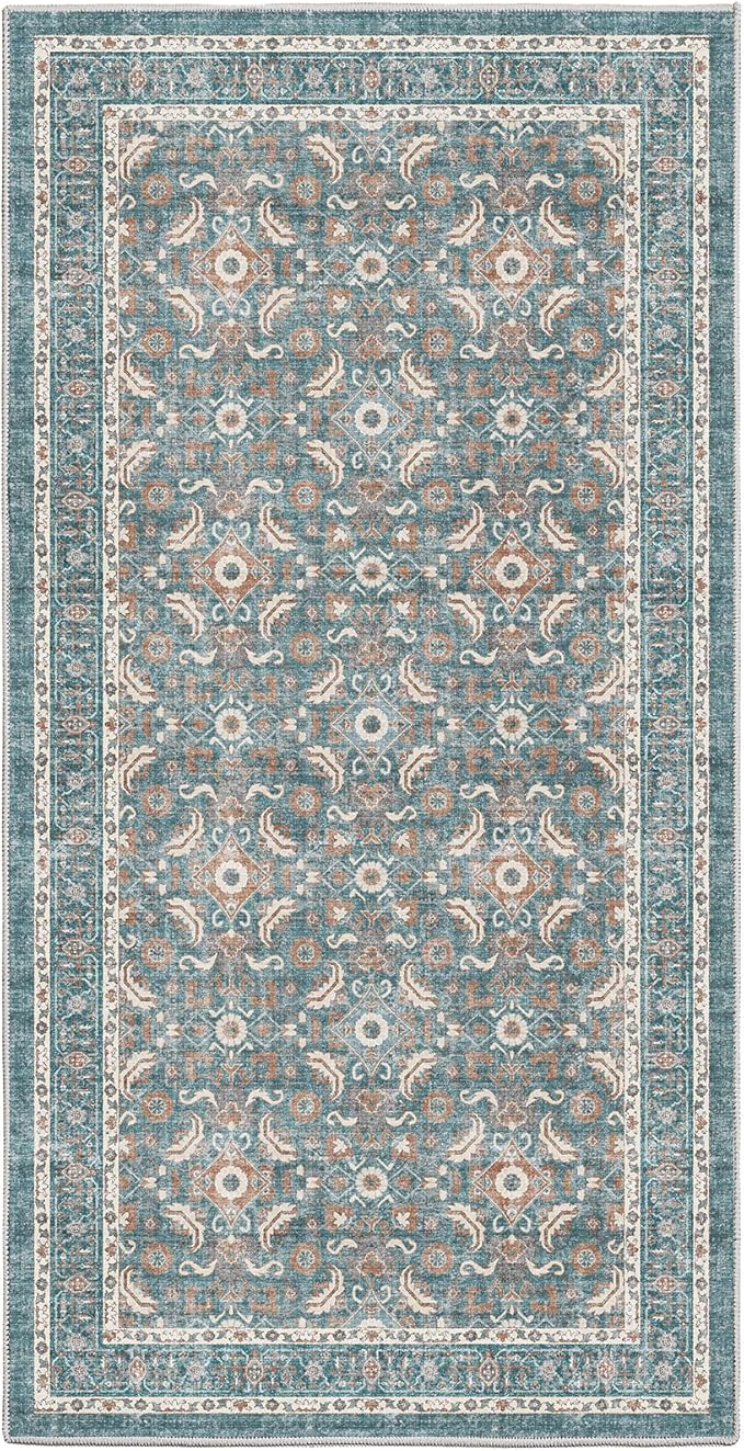 WITSHOCK Washable 2x4 Entryway Area Rug: Soft Non-Slip Backing Washable Rugs Vintage Flower Boho Accent Small Rugs for Bedroom, Kitchen, Bathroom, Nursery Entrance,Teal Blue